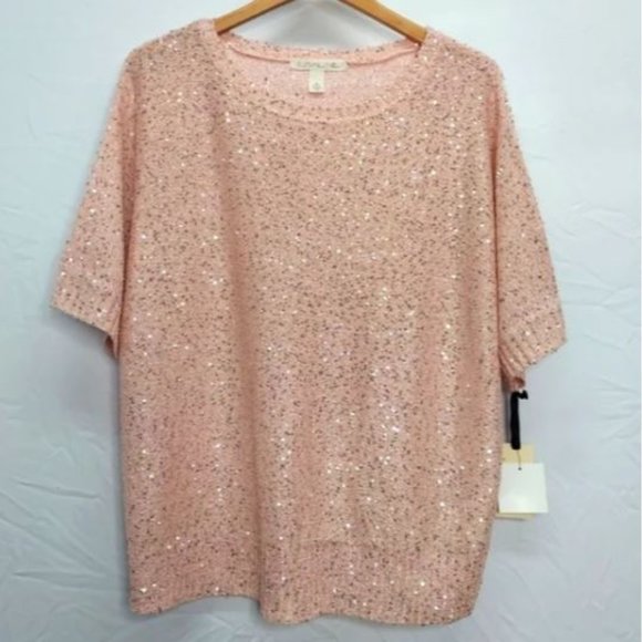 NWT Emaline Pink Pullover Sequin Short‎ Sleeve Sweater Blouse Size XL - Picture 2 of 16